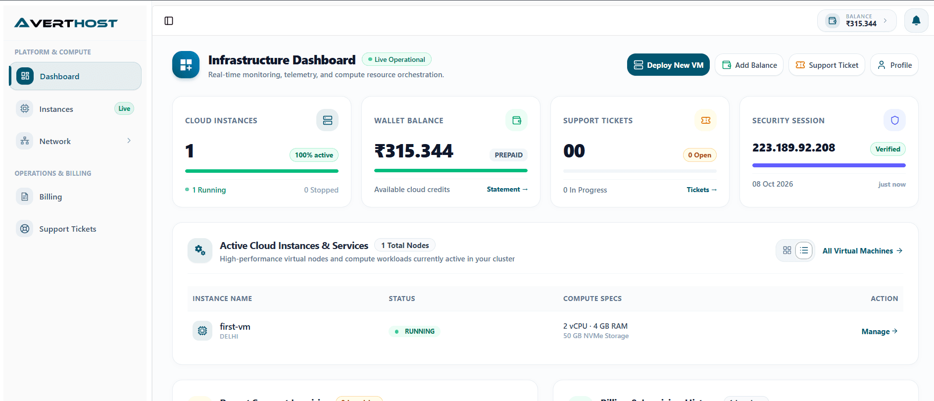 AvertHost Cloud Panel Infrastructure Dashboard